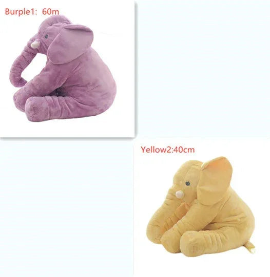 Plush elephant toys in purple and yellow, soft fabric, sitting pose, two size options