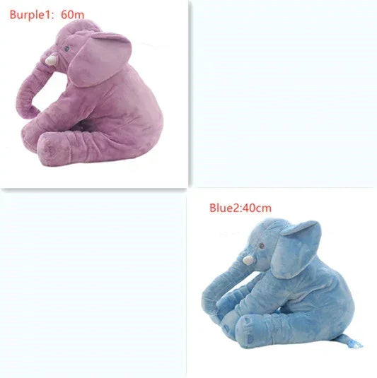 Purple and blue plush elephant toys, soft fabric, sitting pose, two sizes shown