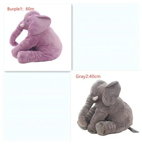 Purple and gray plush elephant toys, soft fabric, sitting pose, different sizes shown