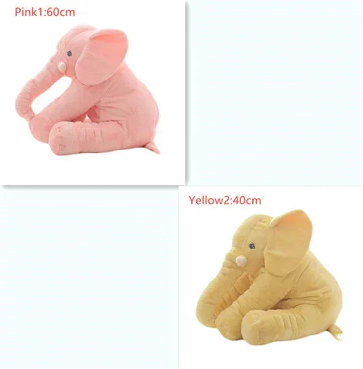 Plush elephant toys in pink and yellow, soft fabric, different sizes, seated position.