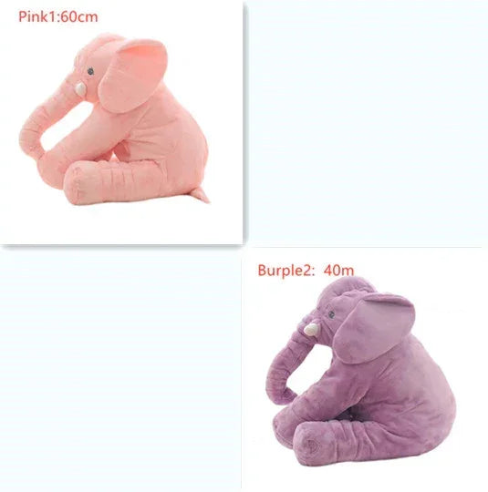 Plush elephant toys in pink and purple, soft fabric, sitting pose, cute, two sizes shown