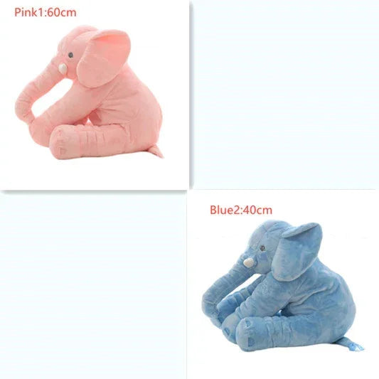 Plush elephant toys in pink and blue, soft fabric, sitting, two sizes shown