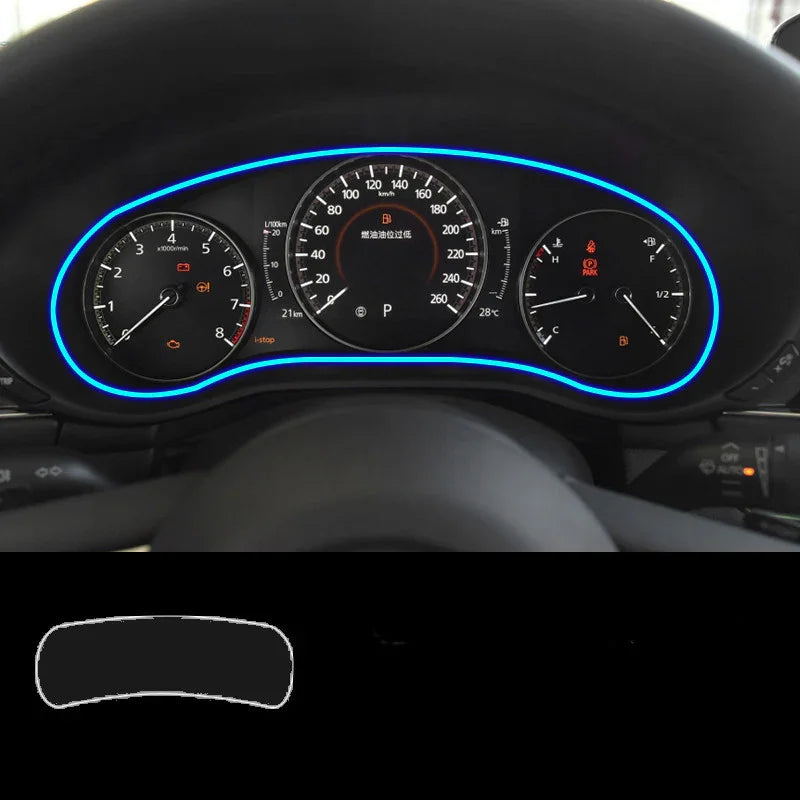 Car dashboard with blue LED trim accent, analog gauges, sleek black finish, modern fit