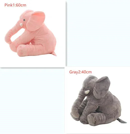 Plush elephant toys in pink and gray, soft fabric, sitting pose, two sizes shown