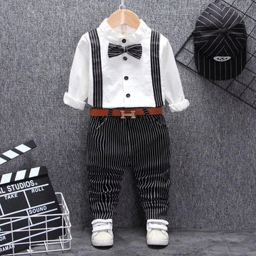 Kids formal outfit with white shirt, black pinstripe pants, suspenders, bow tie, and matching cap