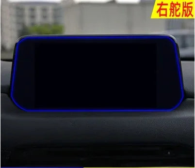 Dark tinted car dashboard screen cover with blue trim, fits modern vehicles.
