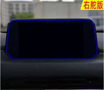 Dark tinted car dashboard screen cover with blue trim, fits modern vehicles.