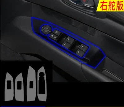Black car door control panel for windows and mirrors with illuminated blue outline, plastic finish.