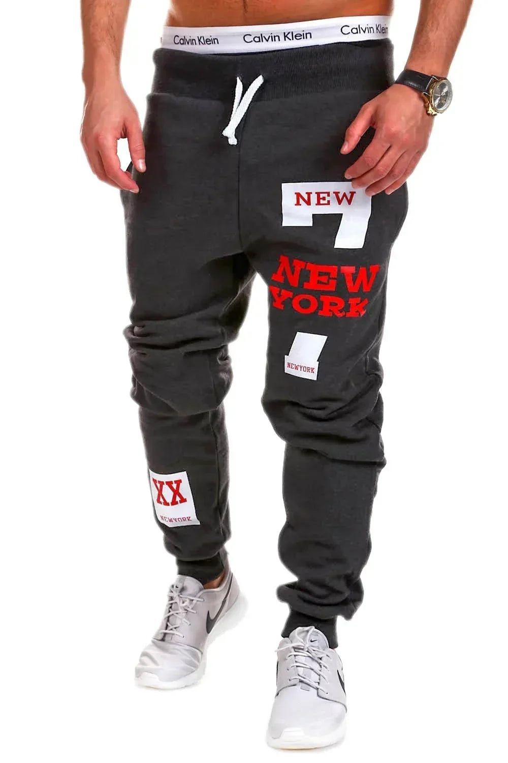 Men's dark gray jogger sweatpants with New York graphics, relaxed fit, drawstring waist