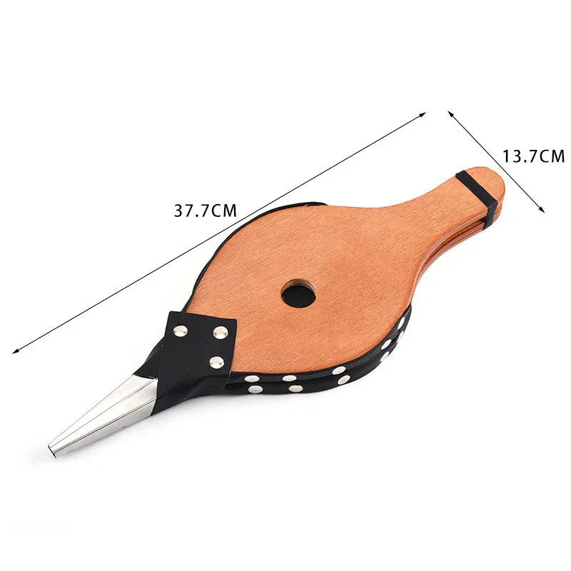 Wood and leather fireplace bellows with metal nozzle, 37.7cm long, 13.7cm wide