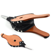 Wood and black leather bellows with metal nozzle, rivet accents, and ergonomic handles
