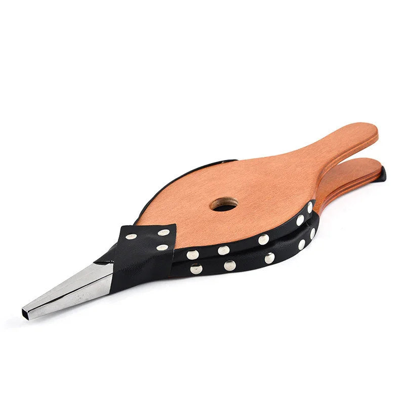 Wood and leather fireplace bellows with metal nozzle, black trim, and rivet accents