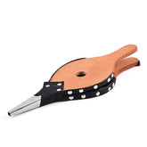 Wood and leather fireplace bellows with metal nozzle, black trim, and rivet accents