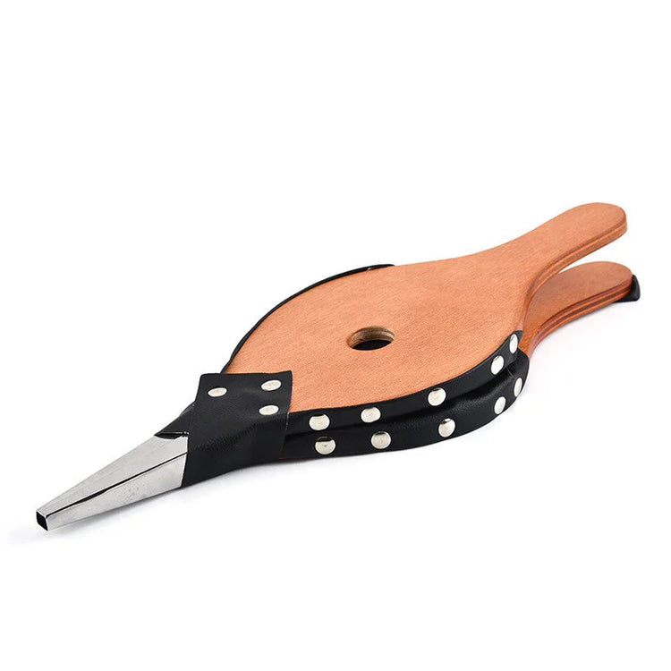Wood and leather fireplace bellows with metal nozzle, black trim, and rivet accents