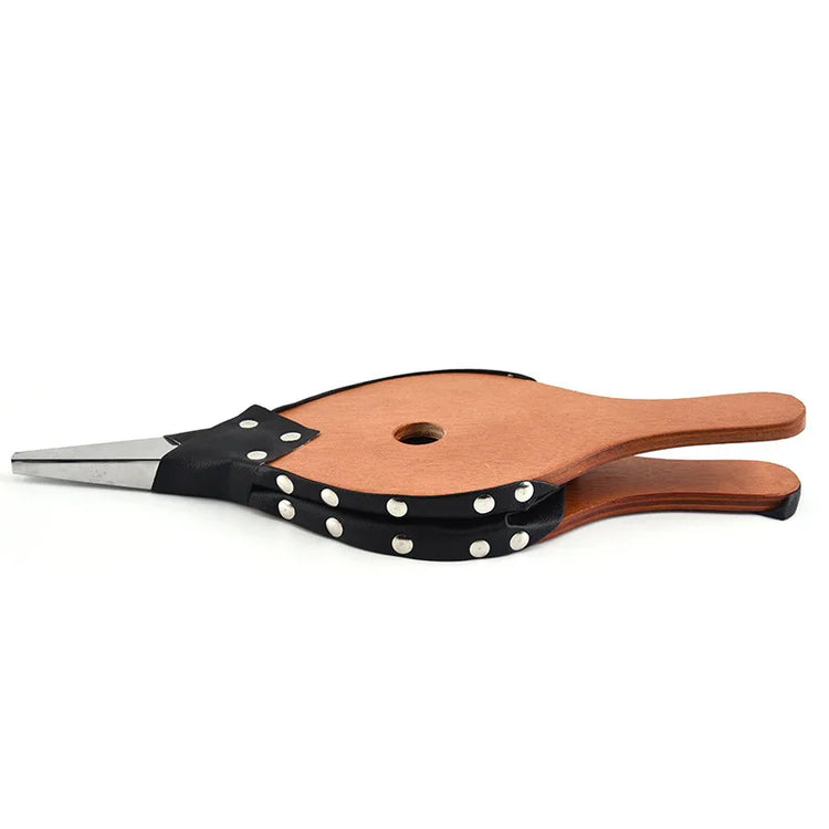 Wood and leather fireplace bellows with metal nozzle, accented with silver rivets