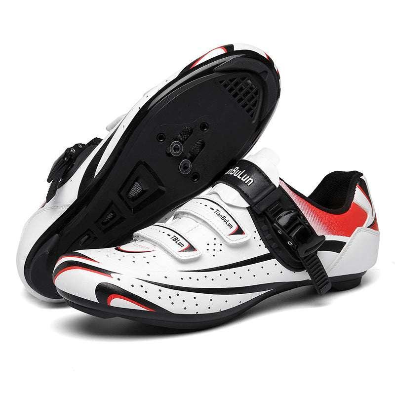 White and red cycling shoes with breathable perforated material and secure buckle closure