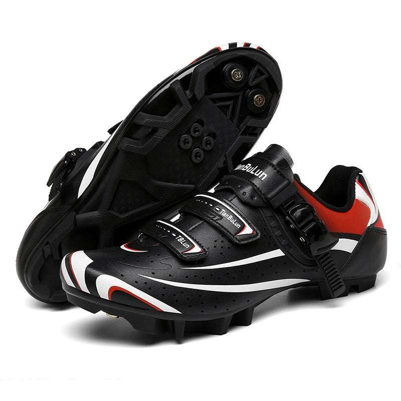 Black cycling shoes with red and white accents, synthetic material, secure fit, rugged sole