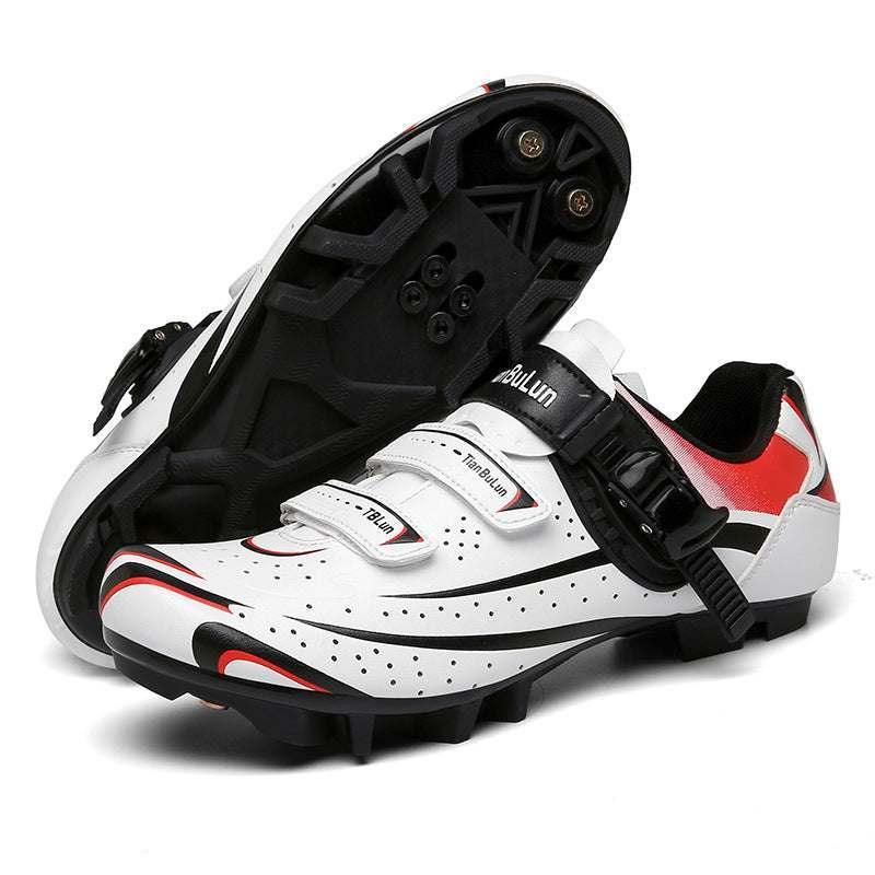 White cycling shoes with black and red accents, synthetic material, secure fit, rugged sole