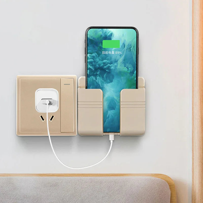 Beige wall-mounted phone holder with charging smartphone, minimal modern design.