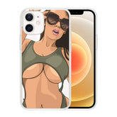 Phone case with cartoon woman in olive cutout top and sunglasses, revealing midriff, bold streetwear style