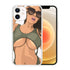 Phone case with cartoon woman in olive cutout top and sunglasses, revealing midriff, bold streetwear style