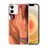 Clear phone case with bold graphic art of a woman, pink lips, and colorful bracelets