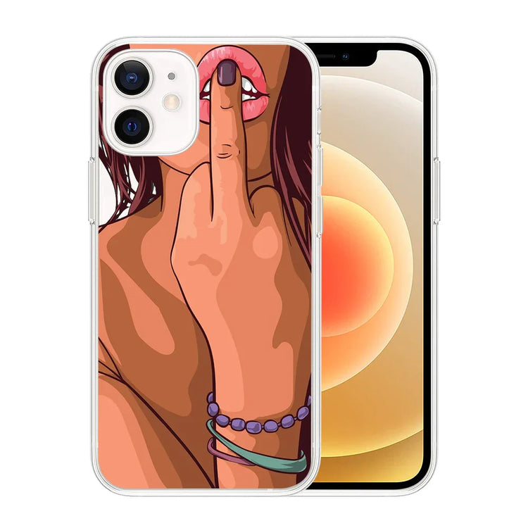 Clear phone case with bold graphic art of a woman, pink lips, and colorful bracelets