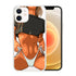 Clear phone case with cartoon graphic of a woman in a cropped black top and white bikini bottom.