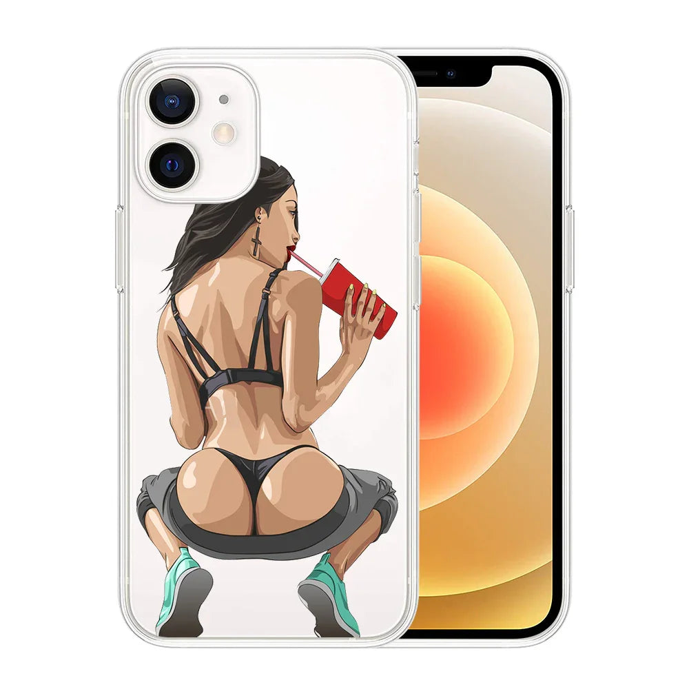 Clear phone case with cartoon woman in black strappy bikini, sneakers, and cropped pants