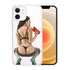 Clear phone case with cartoon woman in black strappy bikini, sneakers, and cropped pants