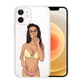 Clear phone case with graphic of woman in yellow bikini top and pink bottoms, slim fit