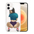 Clear phone case with cartoon woman in teal crop top, purple shorts, red sneakers, sporty fit