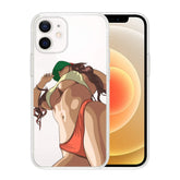 Clear phone case with a graphic of a woman in a green bikini top, orange bottoms, and green cap