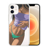 Clear phone case featuring cartoon woman in a purple crop top and green swimwear, midriff exposed.