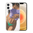 Clear phone case featuring cartoon woman in a purple crop top and green swimwear, midriff exposed.