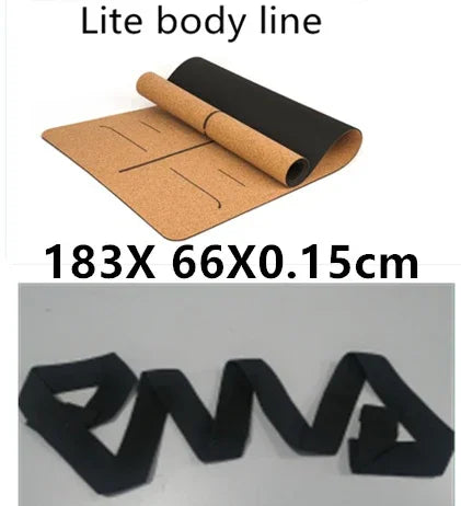 Cork and black yoga mat with minimalist design, lightweight, 183x66cm size, non-slip surface