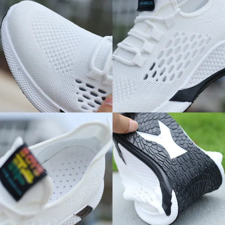 White breathable mesh sneakers with flexible sole and lightweight athletic fit