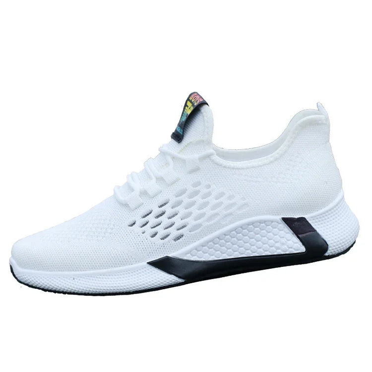 White mesh knit sneaker with black sole accents, lightweight athletic fit