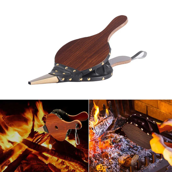Wood and leather fire bellow with metal rivets for fireplace and campfire use