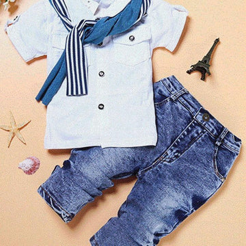 Kids' casual outfit with short-sleeve white button-up shirt, blue scarf, and denim jeans.