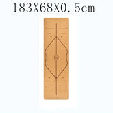 Eco-friendly cork yoga mat with geometric alignment lines, natural tan color, rectangular fit