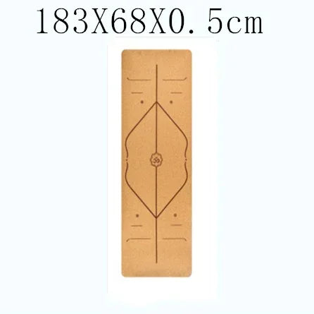 Eco-friendly cork yoga mat with geometric alignment lines, natural tan color, rectangular fit