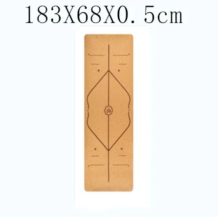 Eco-friendly cork yoga mat with geometric alignment lines, natural tan color, rectangular fit