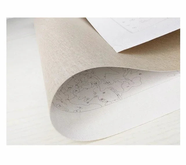 Beige linen fabric with printed outline pattern, unstitched and smooth texture