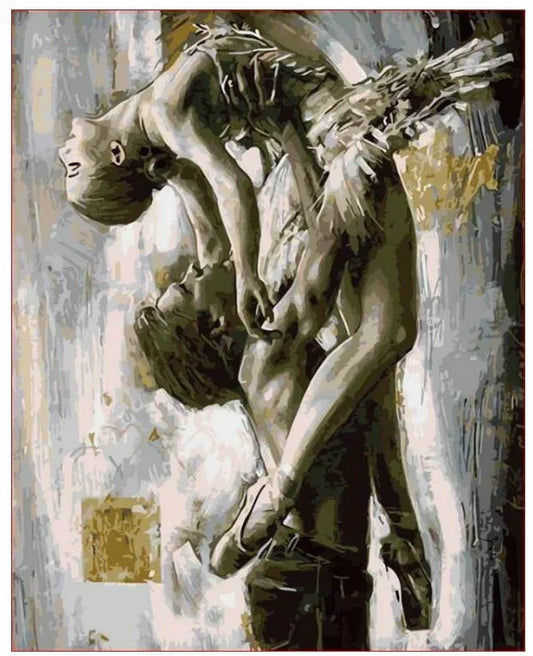 Stylized painting of two ballet dancers, wearing fitted, textured costumes in neutral tones.