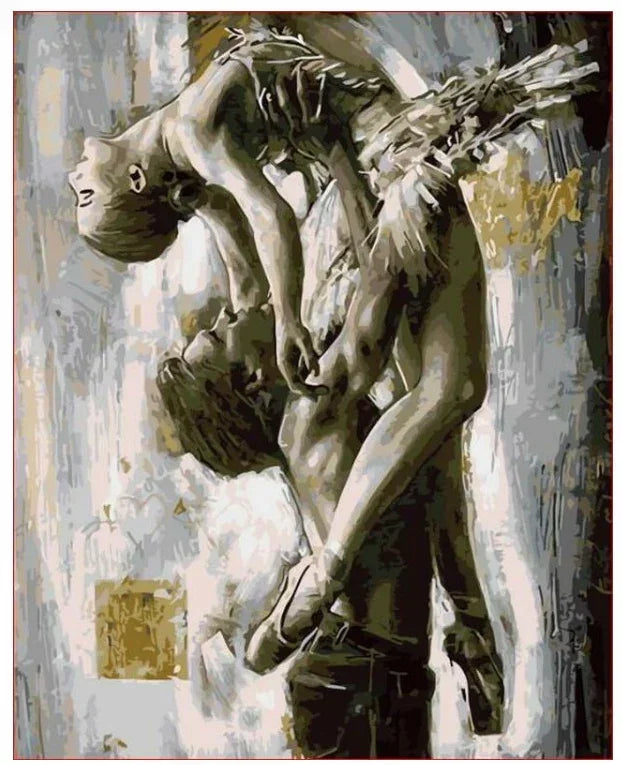 Abstract painting of a male dancer lifting a female in a tutu, neutral colors, dynamic pose