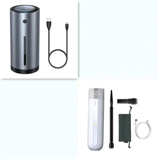 Modern portable humidifier and handheld vacuum set, metallic gray and white, with USB cables and accessories
