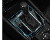 Black leather automatic car gear shift with illuminated trim and glossy finish