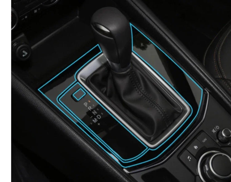 Black leather automatic car gear shift with illuminated trim and glossy finish