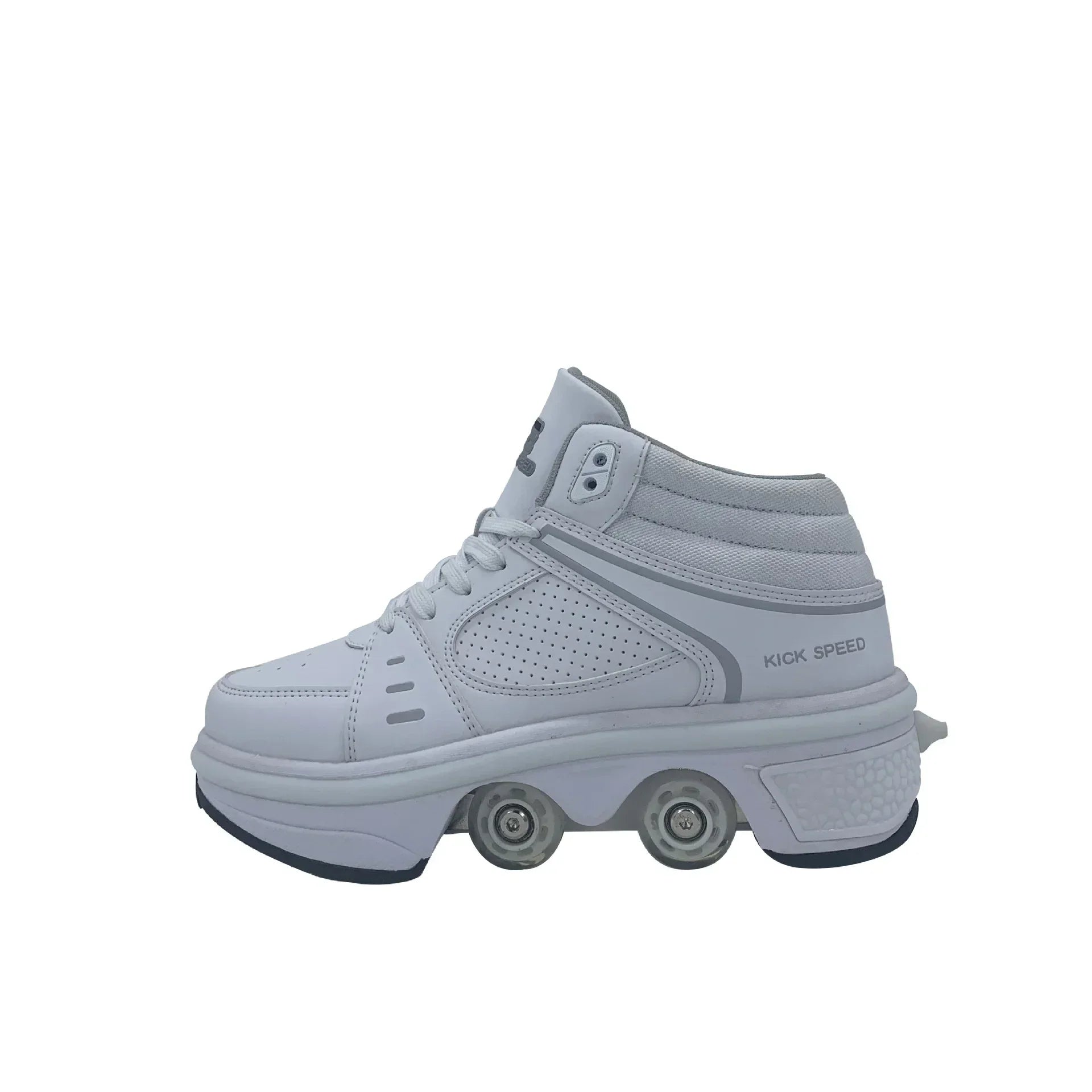 White high-top sneaker with perforated panels, thick sole, and built-in roller wheels